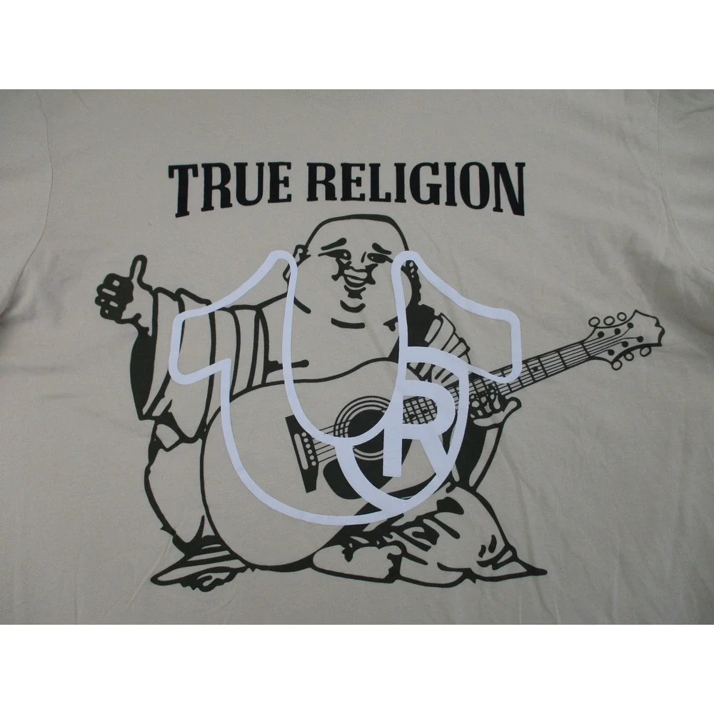 True Religion T-Shirt Mens 3XL Beige Buddha Guitar Horseshoe Graphic 70105BRT